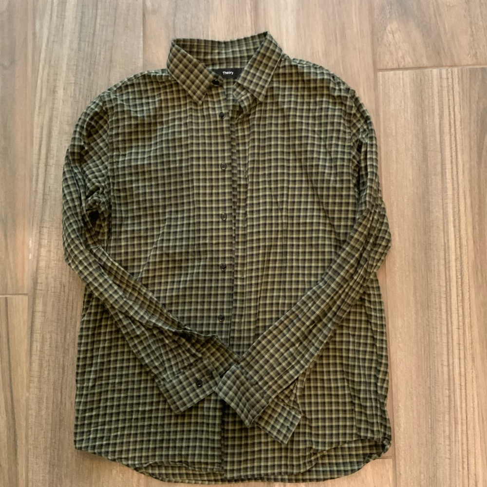 Theory Olive Plaid Casual Button Down Shirt